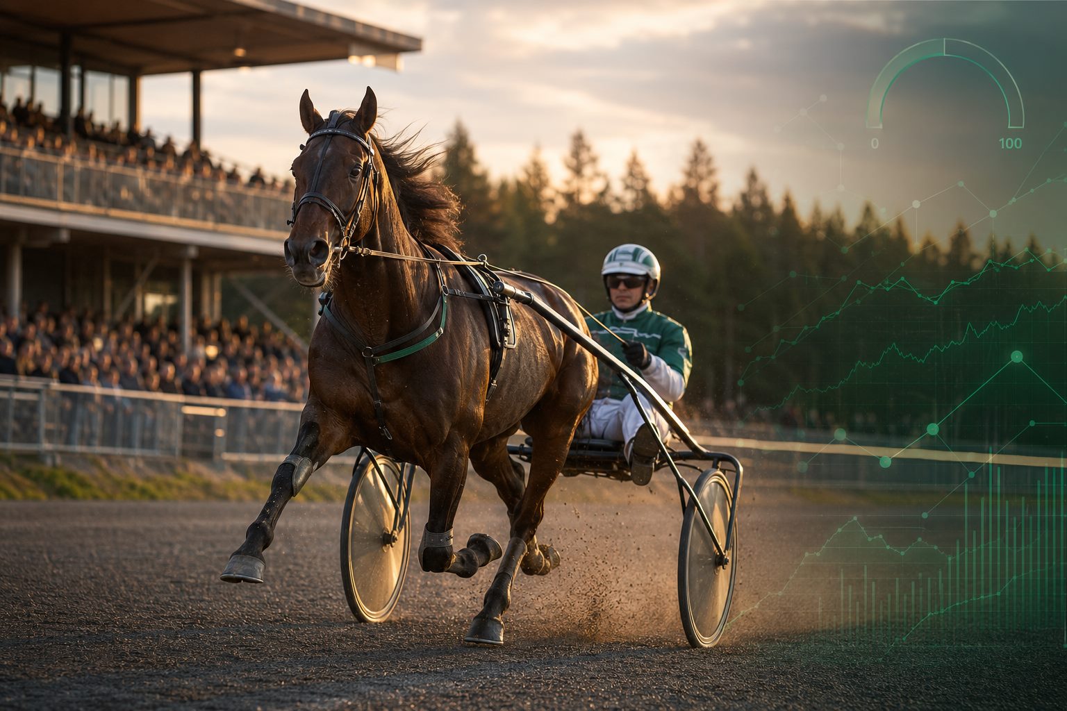 Ravihevonen ja ohjastaja kilpailussa, päällä tekoälyn data-analyysiä